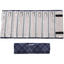 Compact Travel Jewelry Roll Organizer with 9 Zippered Compartments, Blue Canvas Case for Necklaces and Bracelets