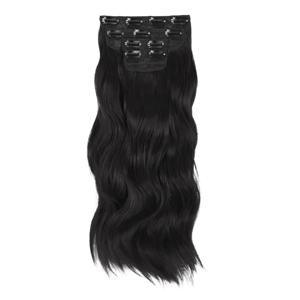 Clip in Wavy Hair Extensions 19.6 Inch Long Curly Black 1B Synthetic Hairpieces for Women