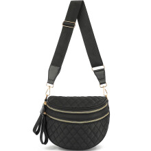 HuiLeo Fanny Pack for Women, Large Quilted Nylon Crossbody Belt Bag, Black