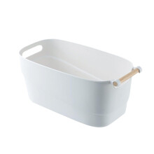 Stackable Storage Baskets with Handles, Rectangular Plastic Bin with Wood Handle for Kitchen Pantry