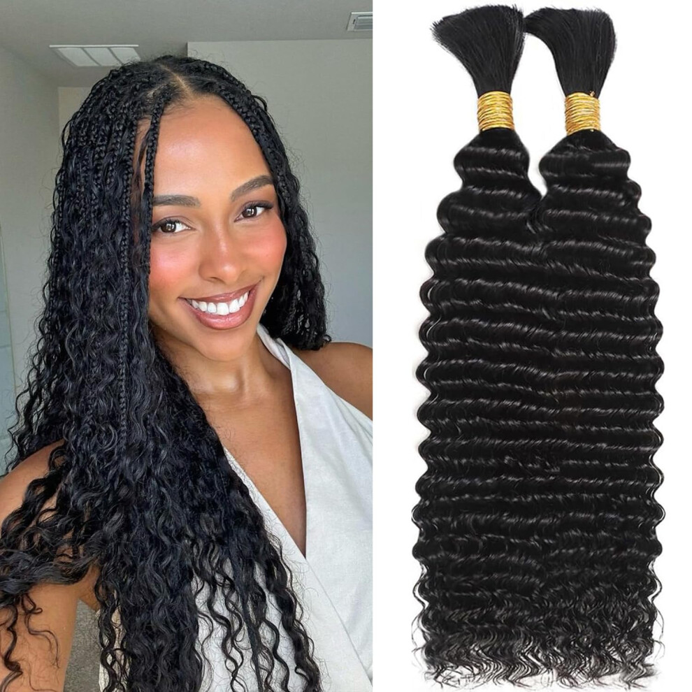 Unisex Human Braiding Hair Extensions 16 Inch Virgin Deep Wave Curly For Boho Knotless Braids 2 Bundles