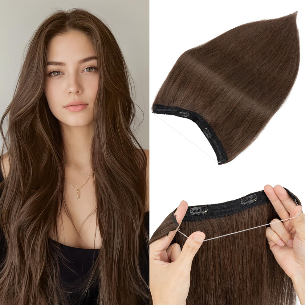 Unisex Brown Halo Hair Extensions Natural 22 Inch 100G Real Human Hair With Invisible Wire For Volume