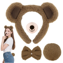Brown Fuzzy Bear Costume Accessories Set with Ears Headband Nose Bow Tail for Women, 4 Piece