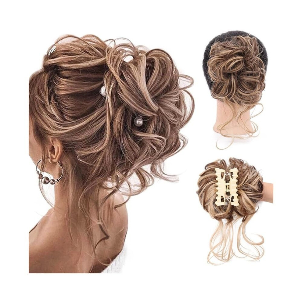 Unisex Messy Bun Hair Piece With Tendrils, Curly Claw Clip Bun Extension For Instant Volume And Updo Styling
