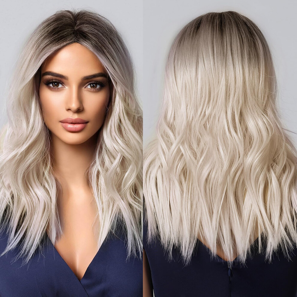 Unisex Brown Blonde Wig For Women Ombre Long Wavy Style With Bangs Heat Resistant Fiber Natural Hairline