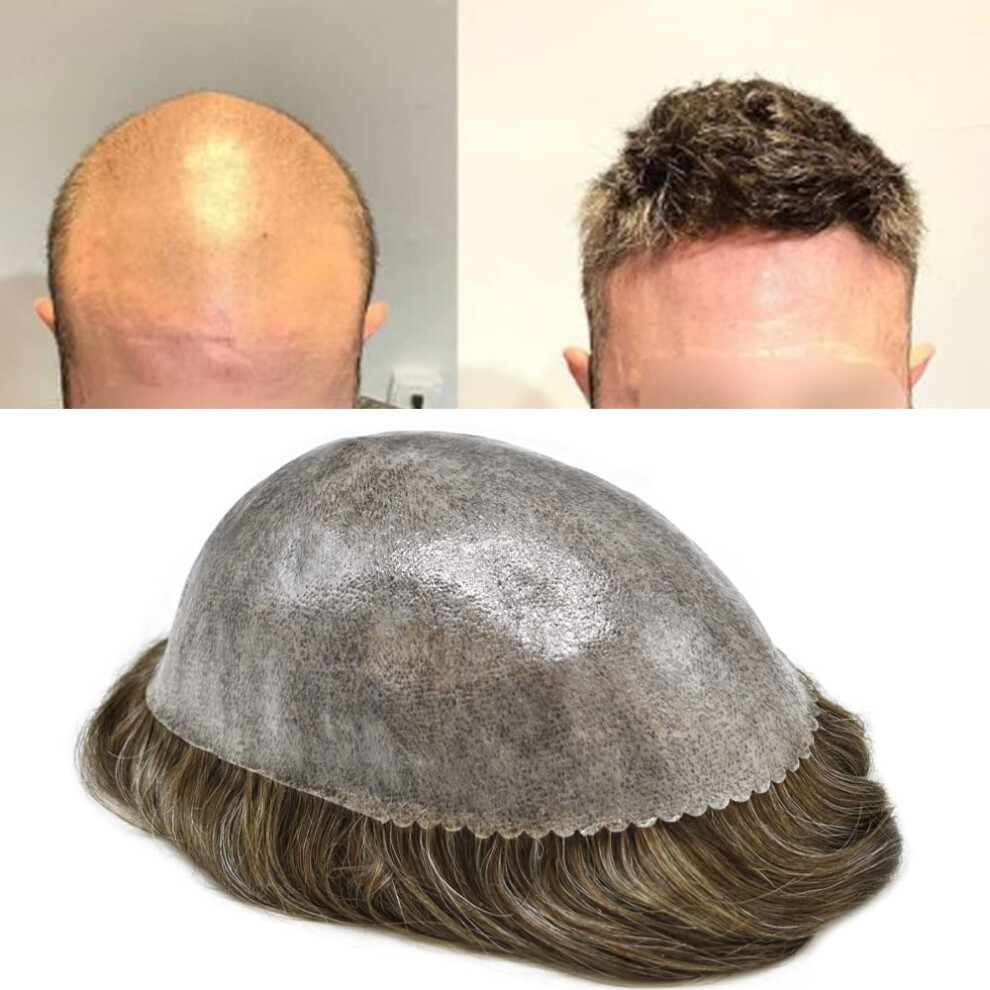 Unisex Brown,Grey Mens Toupee Human Hair Full Poly Skin Hairpiece Invisible Hairline Medium Brown With Grey 7X9
