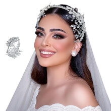 Silvery Bridal Headband Medium with Crystal Pearl Wedding Hairpiece Handmade Silver Flower Crown