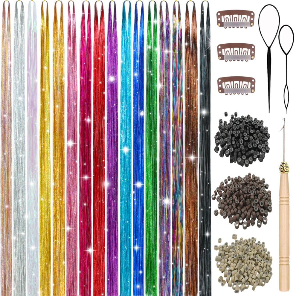 Unisex Hair Tinsel Kit 16 Vibrant Colors 7200 Strands Heat Resistant Fairy Hair Extensions 48 Inch
