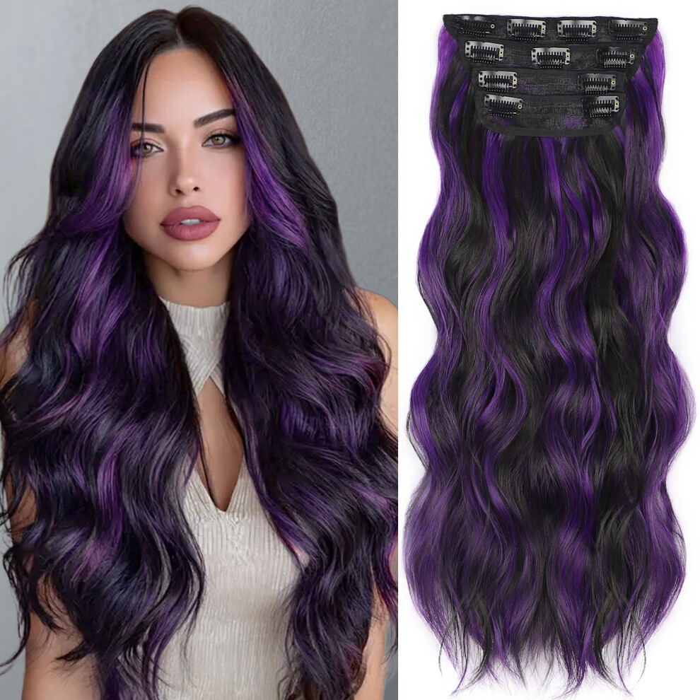 24 Inch Clip in Hair Extensions Black Purple Highlights, Synthetic Wavy Hairpieces for Women
