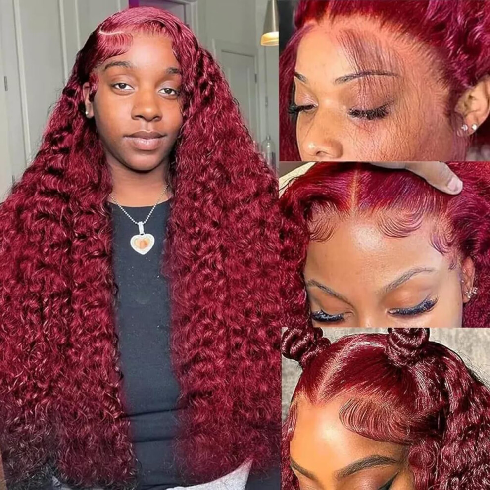 99J Burgundy Deep Wave Lace Front Wig 30 Inch Human Hair with Natural Hairline and Full Body Waves