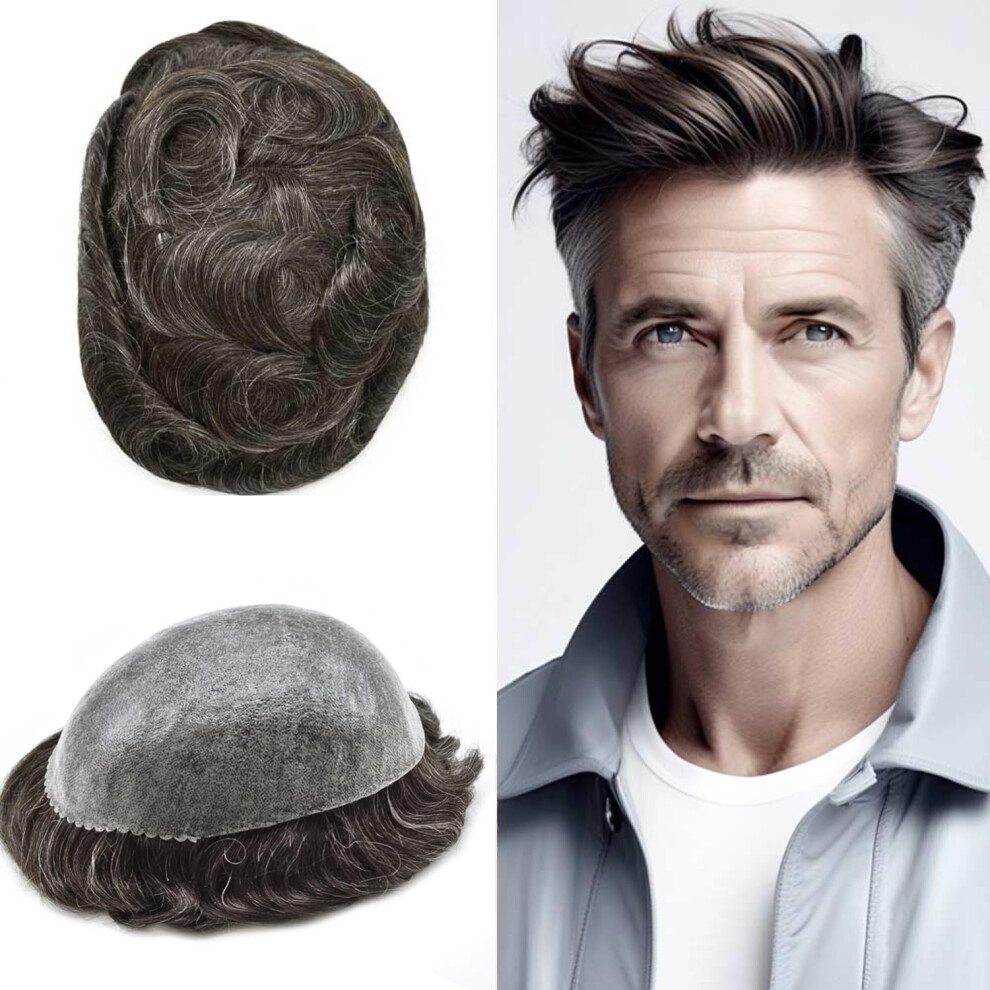 Unisex Brown,Grey Men's Toupee Hair Replacement System Full Pu Remy Human Hairpiece Natural Hairline 7X9 Darkest Brown 30% Grey