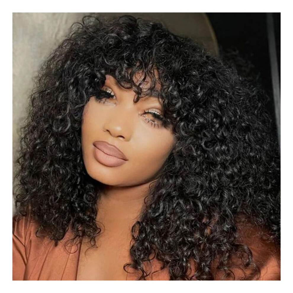 Unisex Black 14 Inch Short Jerry Curl Human Hair Wig Instant Volume Remy Hair For Women Color 1B