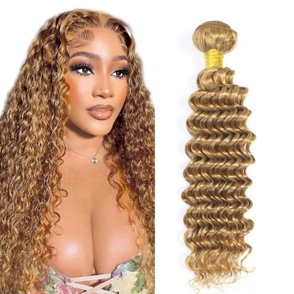 Brazilian Deep Wave Human Hair Bundles 30 Inch #27 Honey Blonde Virgin Remy Hair Extensions