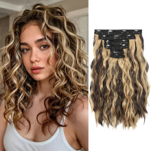 Curly Clip In Hair Extensions 12 Inch Light Brown with Highlights for Women Instant Volume
