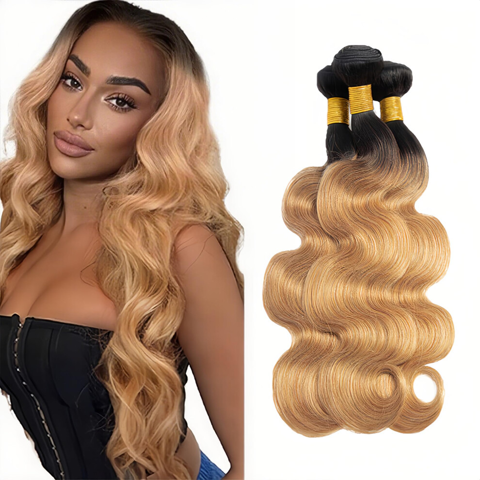 Unisex Black T1b27 Ombre Brazilian Virgin Remy Body Wave Human Hair Bundles And Honey Blonde 10 12 14 Inch