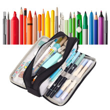 Large Capacity Canvas Pencil Pouch, 3 Compartments, 21.5x9x7cm Black
