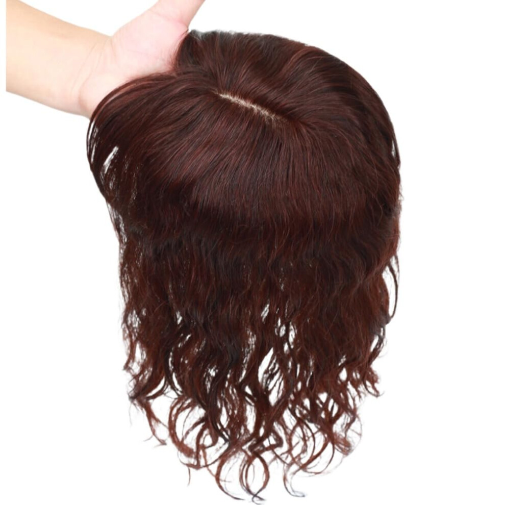 Unisex Brown Dark Curly Human Hair Topper With Bangs For Thinning Hair, 20Cm Clipon Wiglet