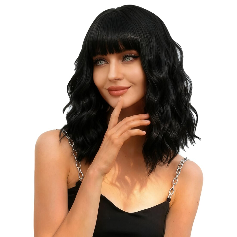 Unisex Black 14 Inch Wavy Bob Wig With Bangs For Women, Heat Resistant Synthetic, Glueless Easy Wear