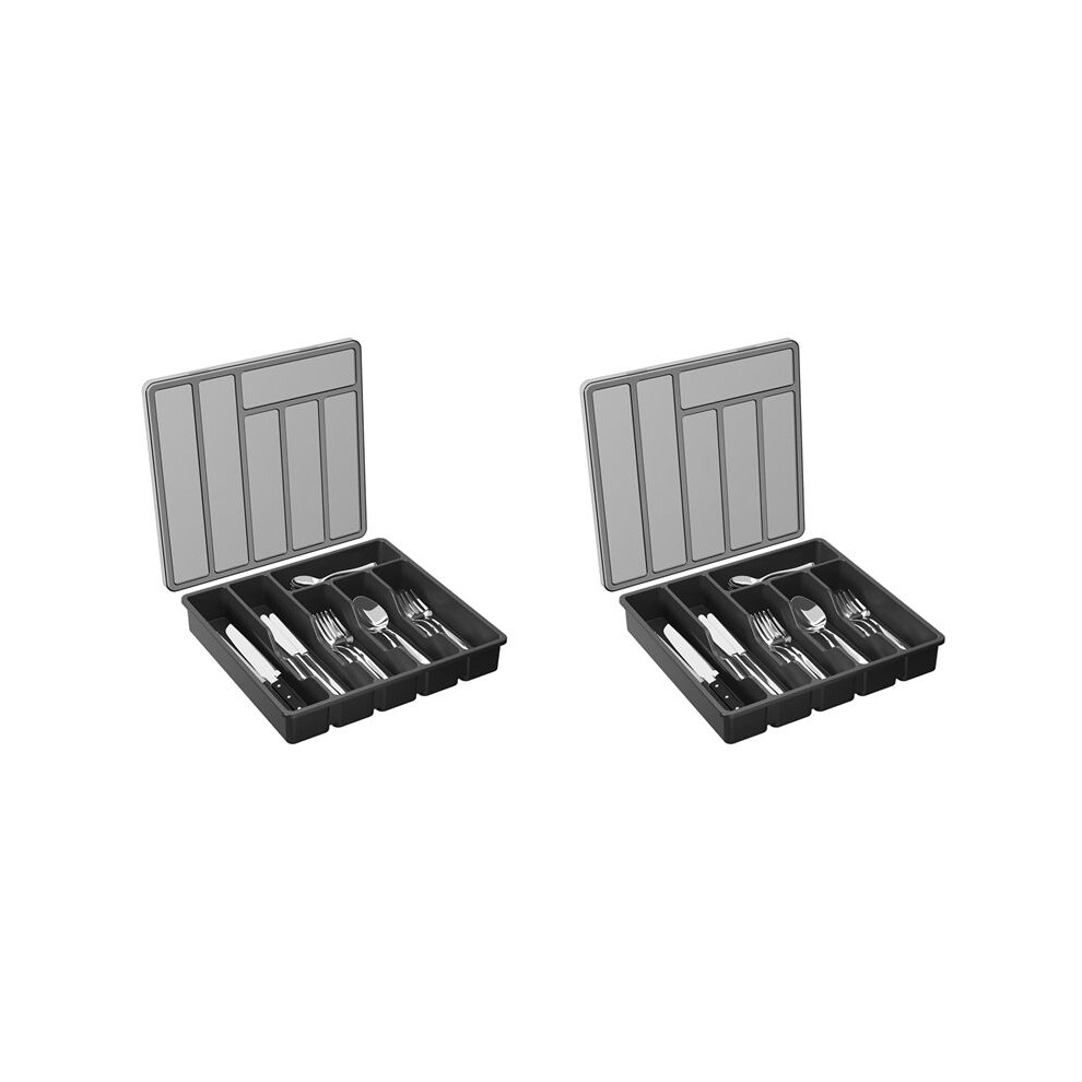 2X Silverware Organizer With Lid,Covered Utensil Tray For Kitchen Drawer Plastic Cutlery And Flatware Black Brecantia