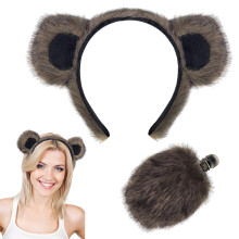 Bear Costume Accessories Set with Plush Bear Ears Headband and Tail for Adults Grayish Brown