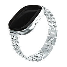 Stainless Steel Band, Adjustable Cowboy Chain Silver Bracelet Strap for Fitbit Versa 4 and Sense 2 Women Men
