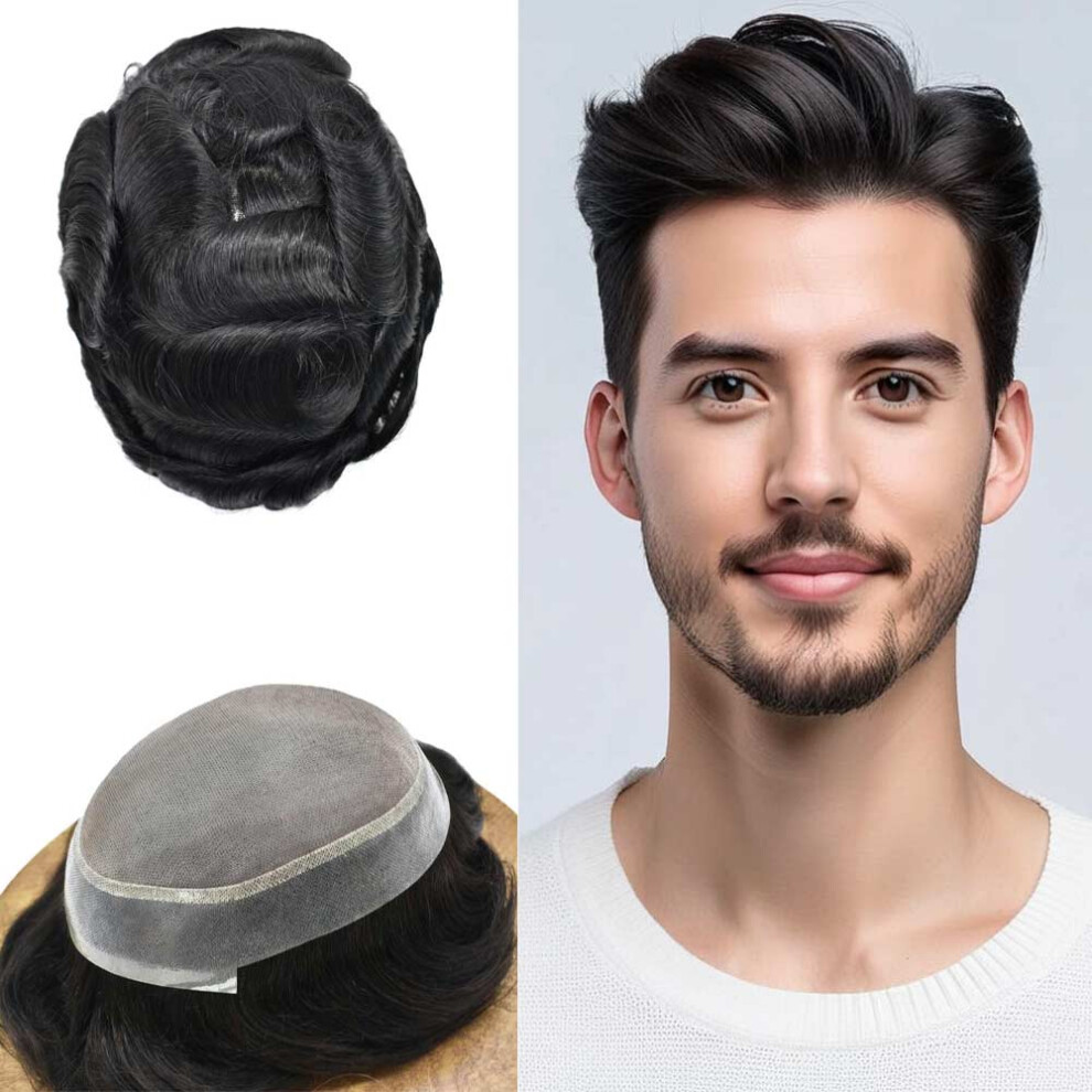 Men's Toupee Real Human Hair Mono Base Hairpiece with Poly Skin 5x7 120% Density Jet Black