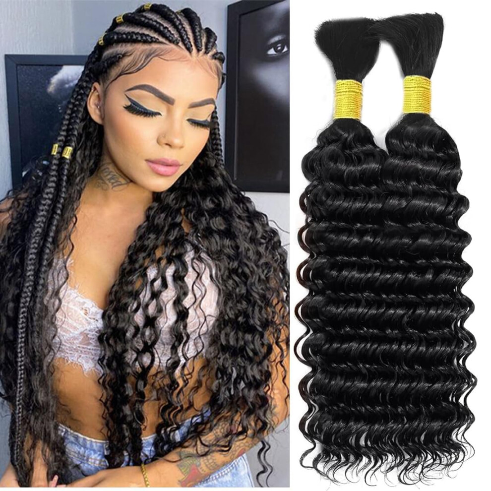 Unisex Black 20 Inch Deep Wave Human Braiding Hair Brazilian Virgin Unprocessed Bulk Extensions For Boho Braids