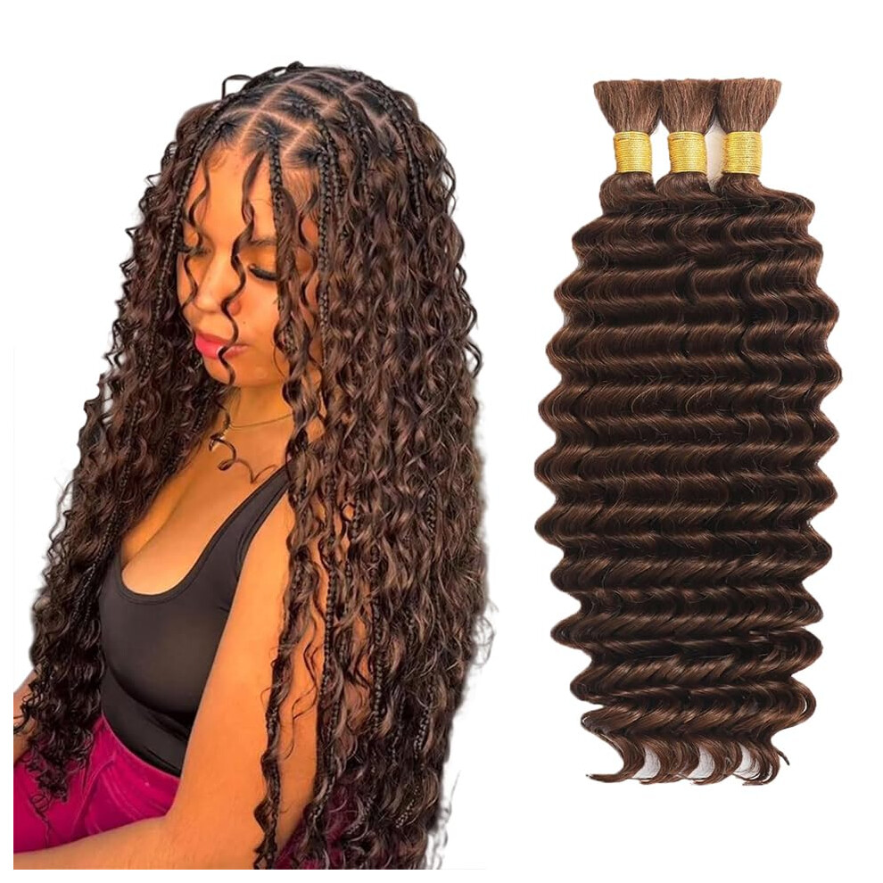 30 Inch Chocolate Brown Deep Wave Human Braiding Hair Extensions for Boho Braids Full Volume