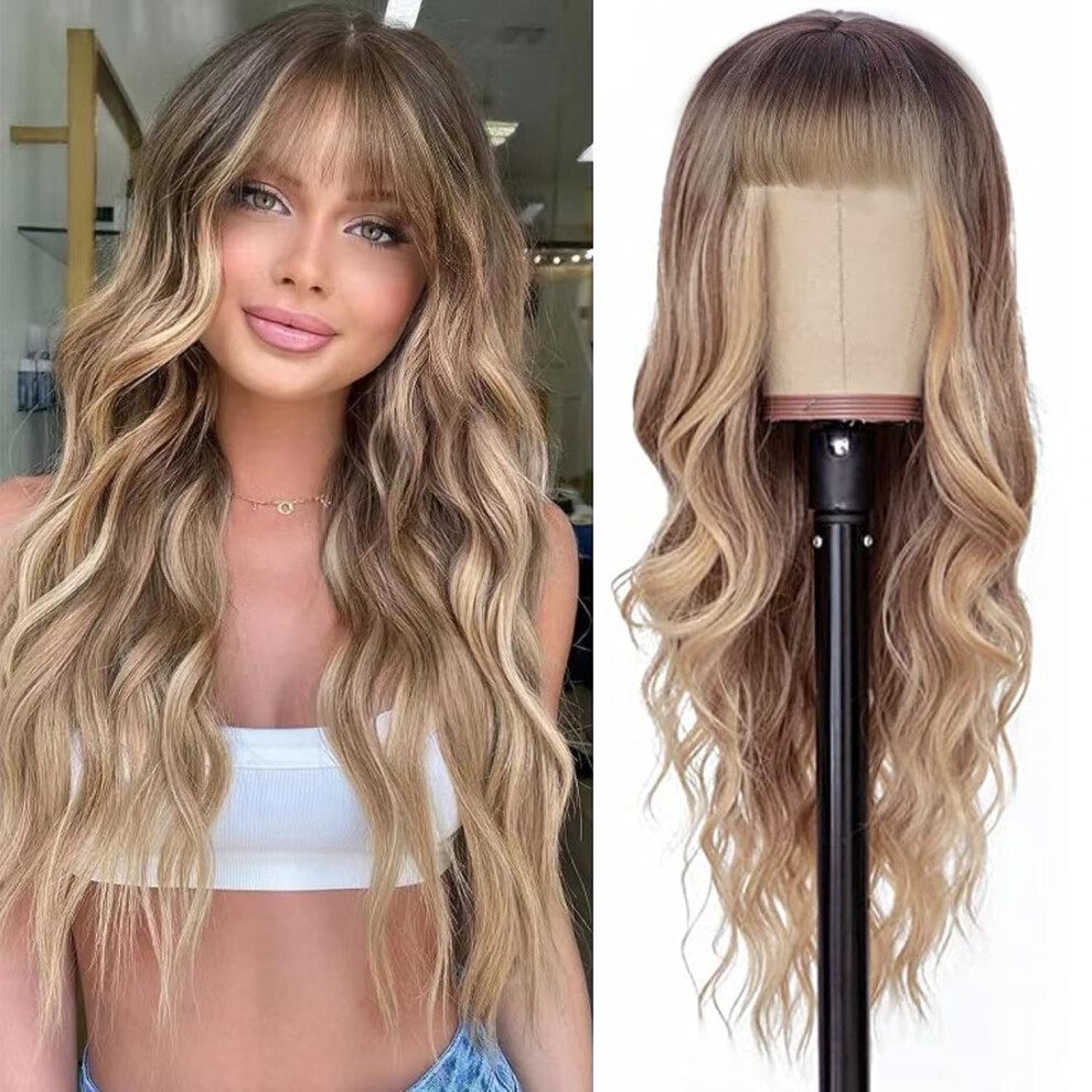 Unisex 26 Inch Dirty Blonde Human Hair Wig, Long Wavy Wig With Bangs For Women, Heatresistant, Glueless