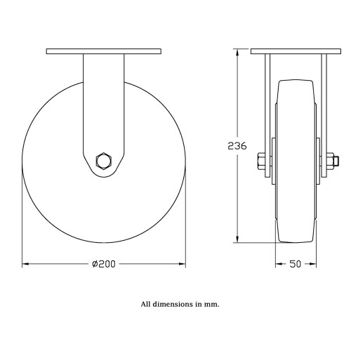 Parnells 200mm fixed castor with black elastic rubber on aluminium centre wheel 1
