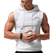 Top senza maniche con cappuccio da uomo, con coulisse e tasca frontale, bianco, taglia L