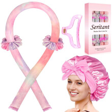 Heatless Hair Curler Set for Overnight Curls with Satin Scrunchies Pink Tie Dye No Heat Rod