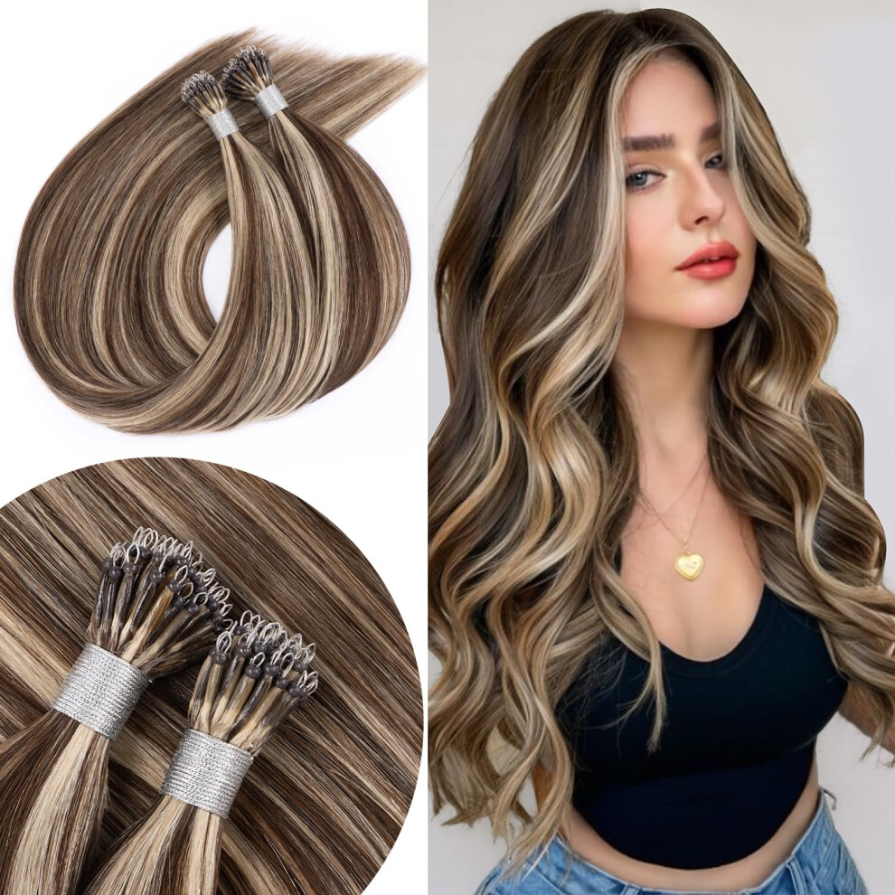 Unisex Brown Nano Bead Human Hair Extensions 14 Inch Blonde Mix 50G Seamless Remy Hair For Women