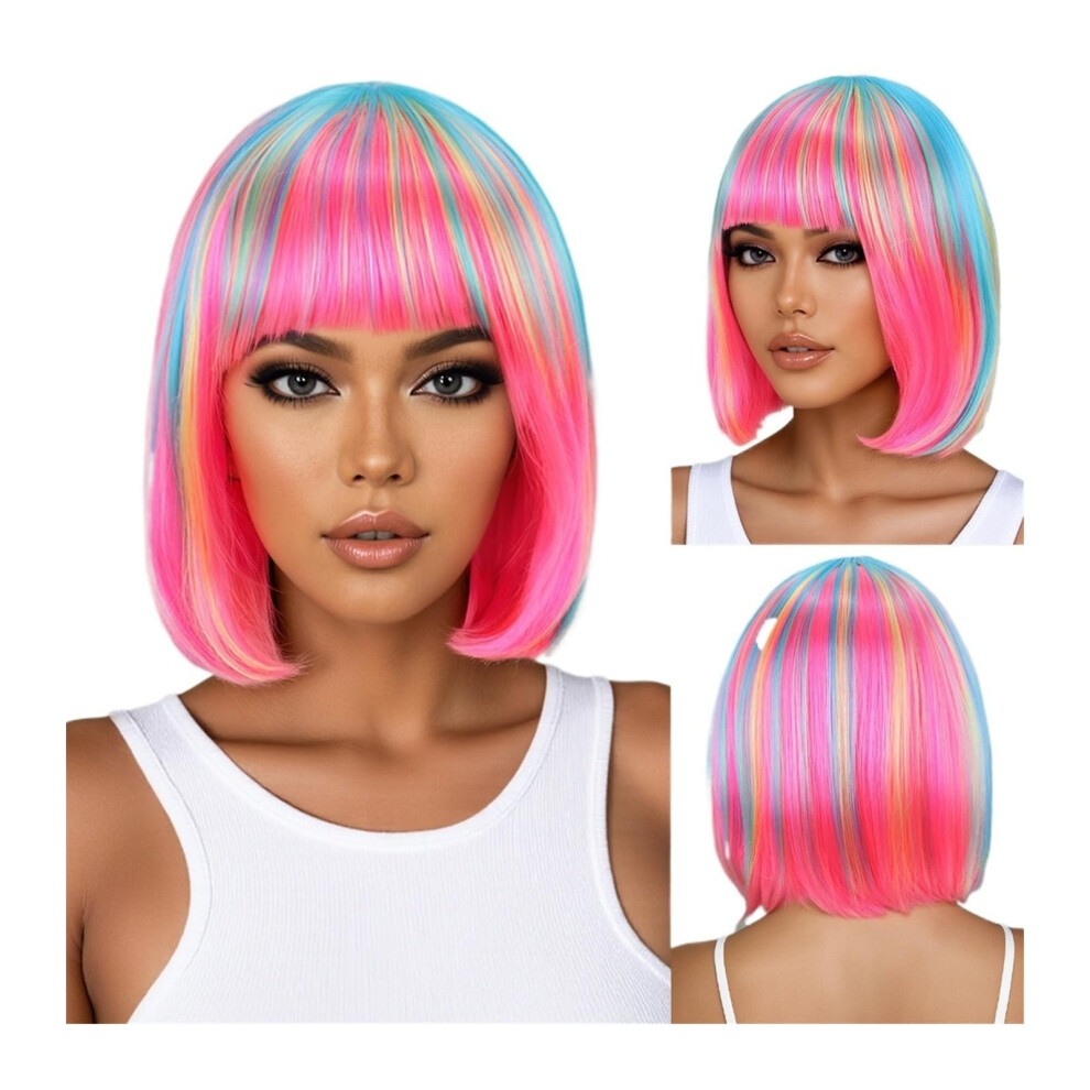 Rainbow Bob Wig with Side Bangs, Vibrant Multicolor Synthetic Hair for Cosplay, Parties, Daily Wear
