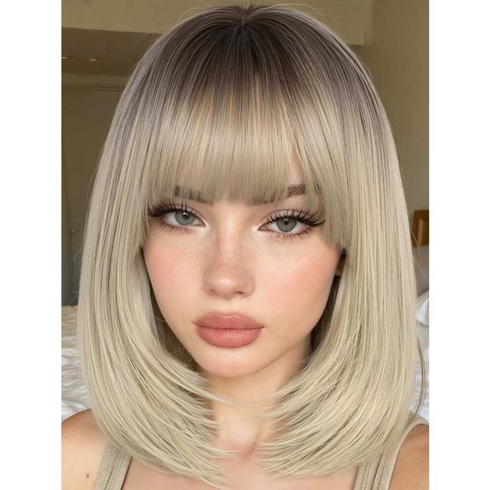 Unisex Dark Blonde Bob Wig Ombre Ash 14 Inch Layered Synthetic With Bangs Glueless Heatresistant For Women