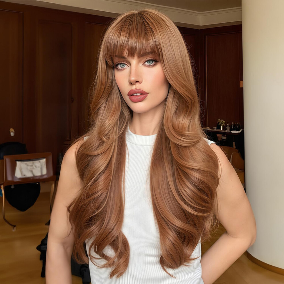 Copper Long Curly Human Hair Wig with Bangs for Women, Heat Resistant, Natural Look