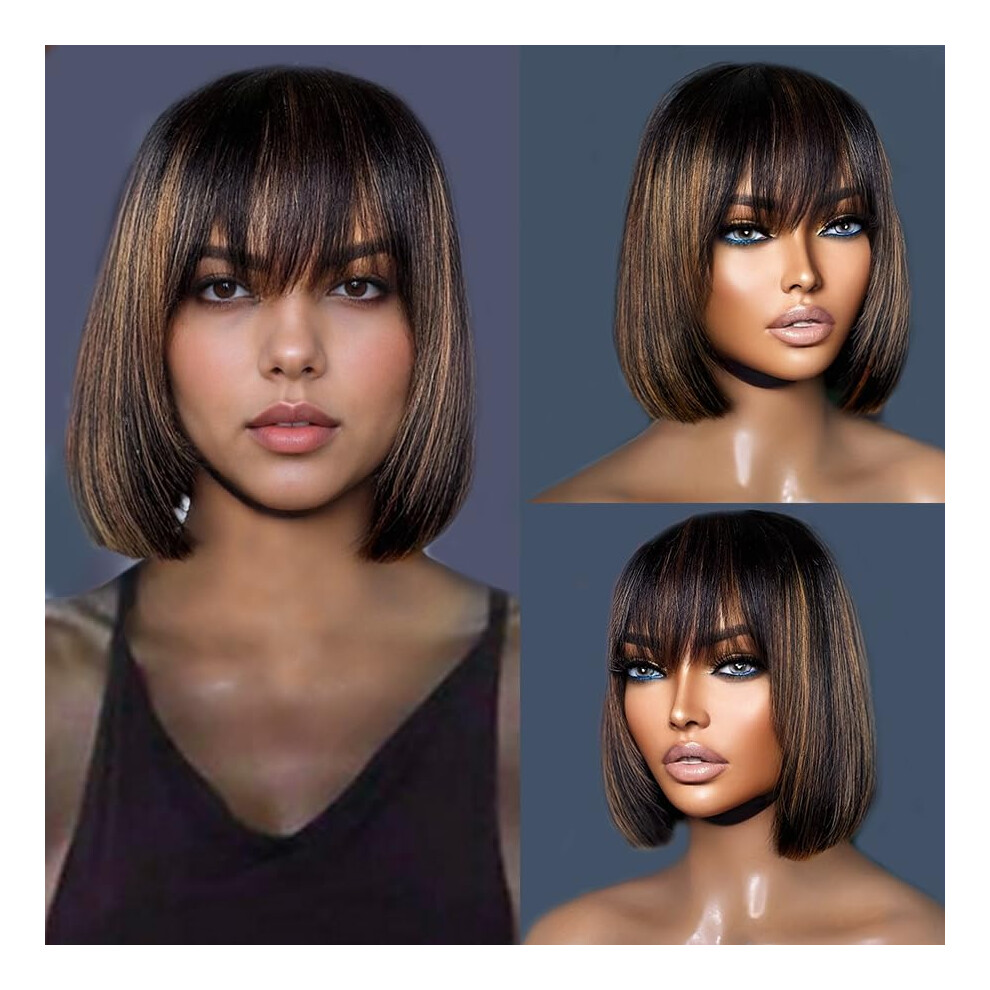 Unisex 10 Inch Human Hair Bob Wig With Bangs, Blonde Highlights, Glueless Adjustable Cap, Natural Scalp