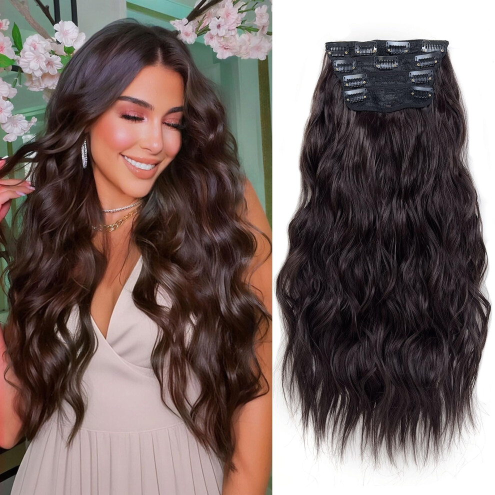 Clip in Hair Extensions 22 Inch Long Wavy Synthetic, Heat Resistant, Seamless Clip Attachment 4PCS
