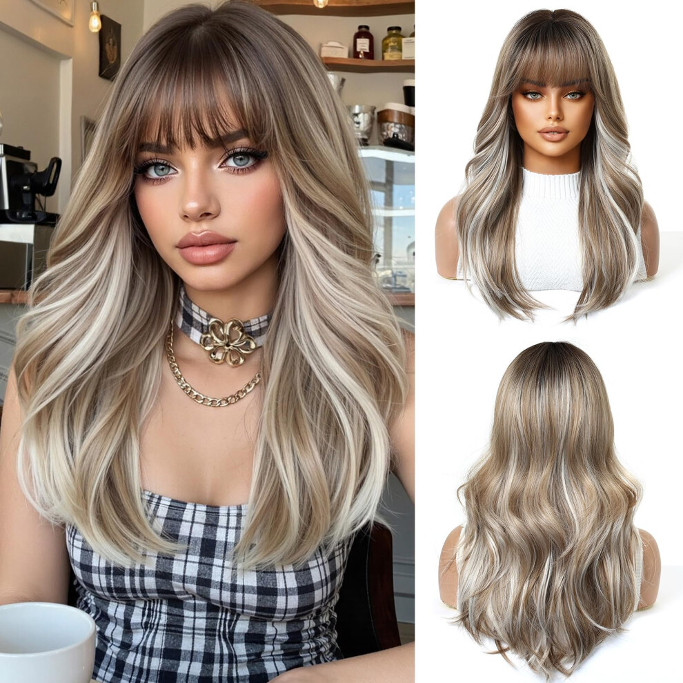Unisex Long Wavy Ombre Blonde Synthetic Wigs For Women With Bangs, Natural Hairline, Heat Resistant