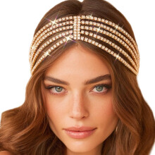 Bridal Headpiece Gold Rhinestone Forehead Hair Accessory with Elastic Layered Head Chain for Wedding