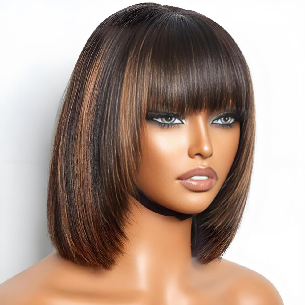 Unisex 8 Inch Human Hair Bob Wig With Air Bangs, Blunt Cut Yaki Bob With Highlights, Glueless Lace Cap