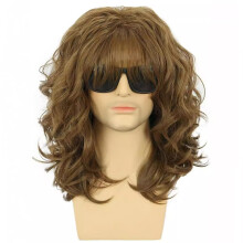Men's 80s Heavy Metal Long Curly Wig Brown Glam Rock Costume Hair for Rocker Party Cosplay