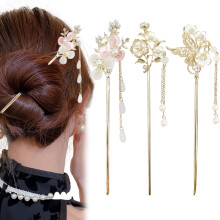 3PCS Traditional Chinese Floral Hair Pins with Pink and Mint Green Pearl Tassels, Vintage Hair Accessories