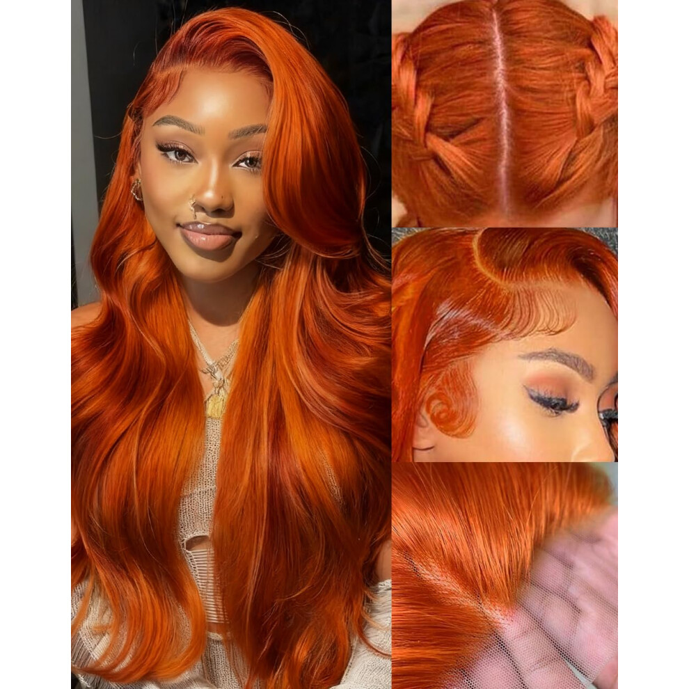 Unisex 26 Inch Ginger Lace Front Wig Human Hair Body Wave 13X6 Hd Invisible Lace 250 Density Virgin