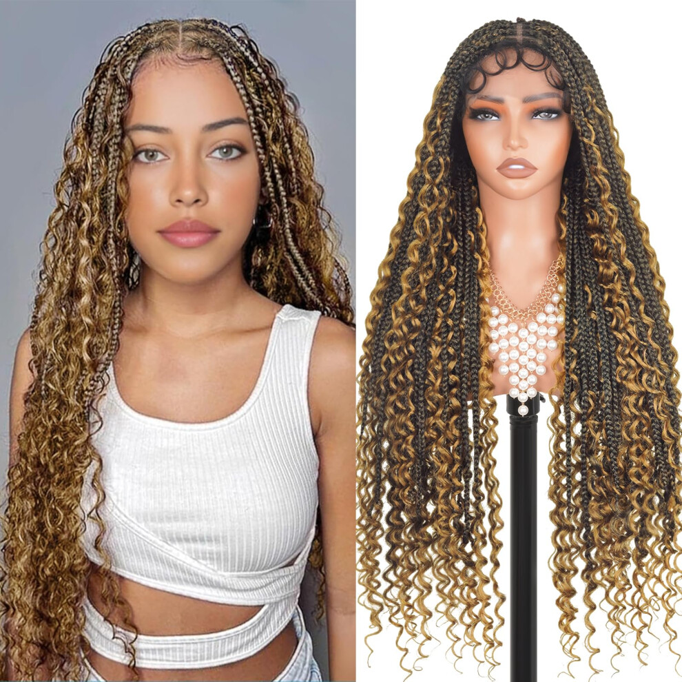 28 Inch Knotless Boho Box Braids Wig with Curly Ends for Black Women, Full Lace Natural Look