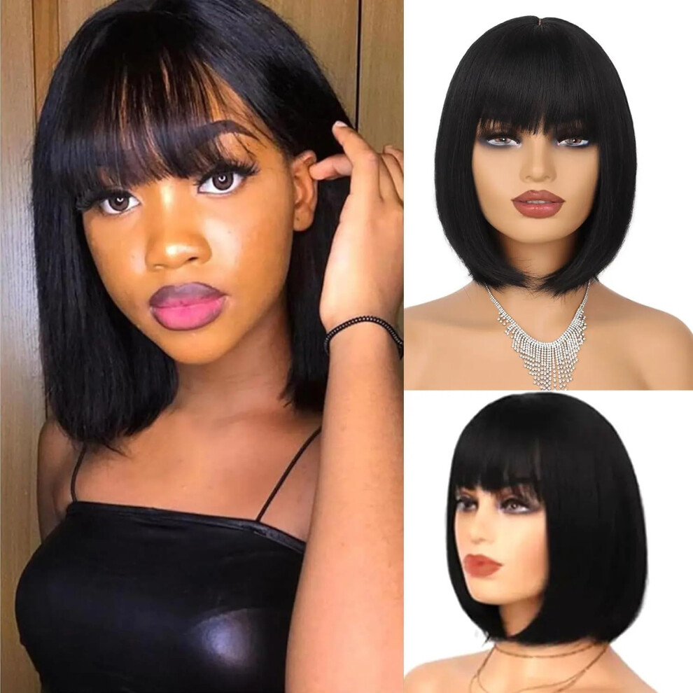 Unisex Black Short Bob Wig With Bangs 10 Inch Blunt Cut Synthetic Straight Hair For Women Daily Wear