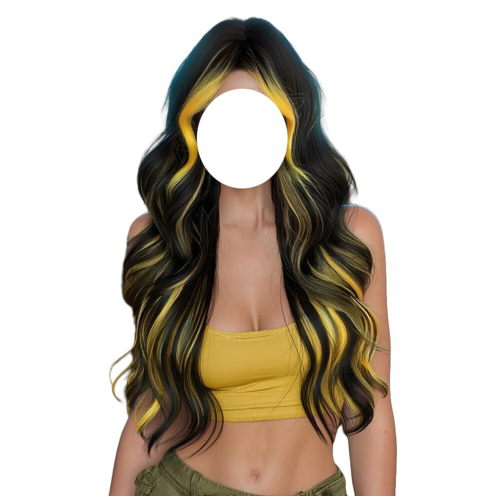 Long Wavy Ombre Wig for Women Bold Highlight Yellow HeatStylable Synthetic Party Hair