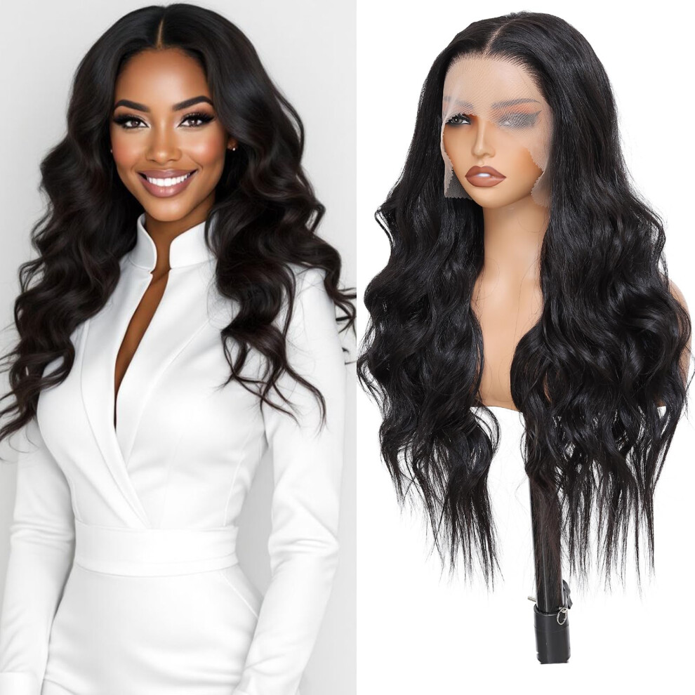 Unisex Black 26 Inch Natural Synthetic Lace Front Wig With Hd Lace, Preplucked Hairline, Long Wavy For Women