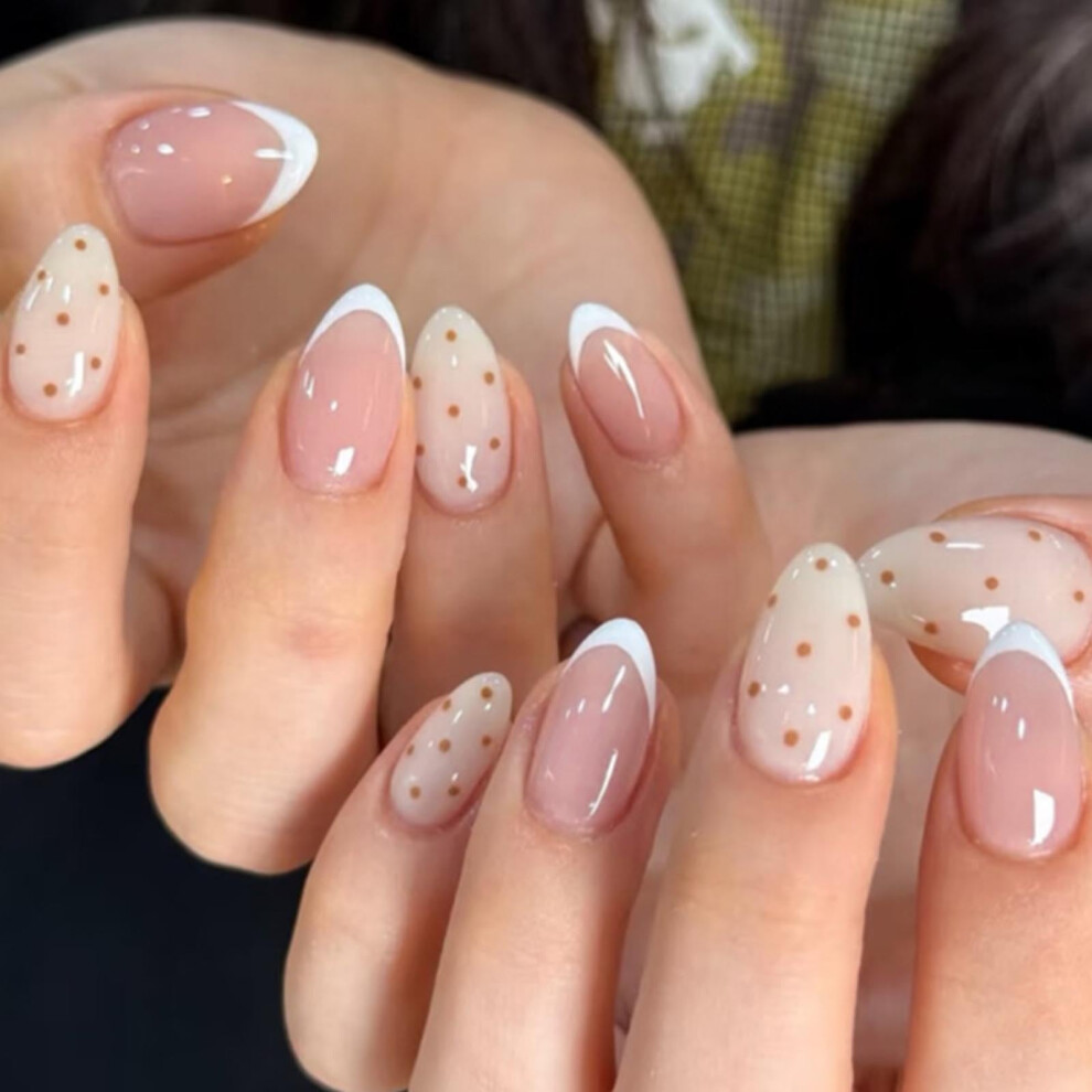 Short Almond Press on Nails Nude French Glossy Full Cover Fake Nails Tips ReadytoWear Manicure