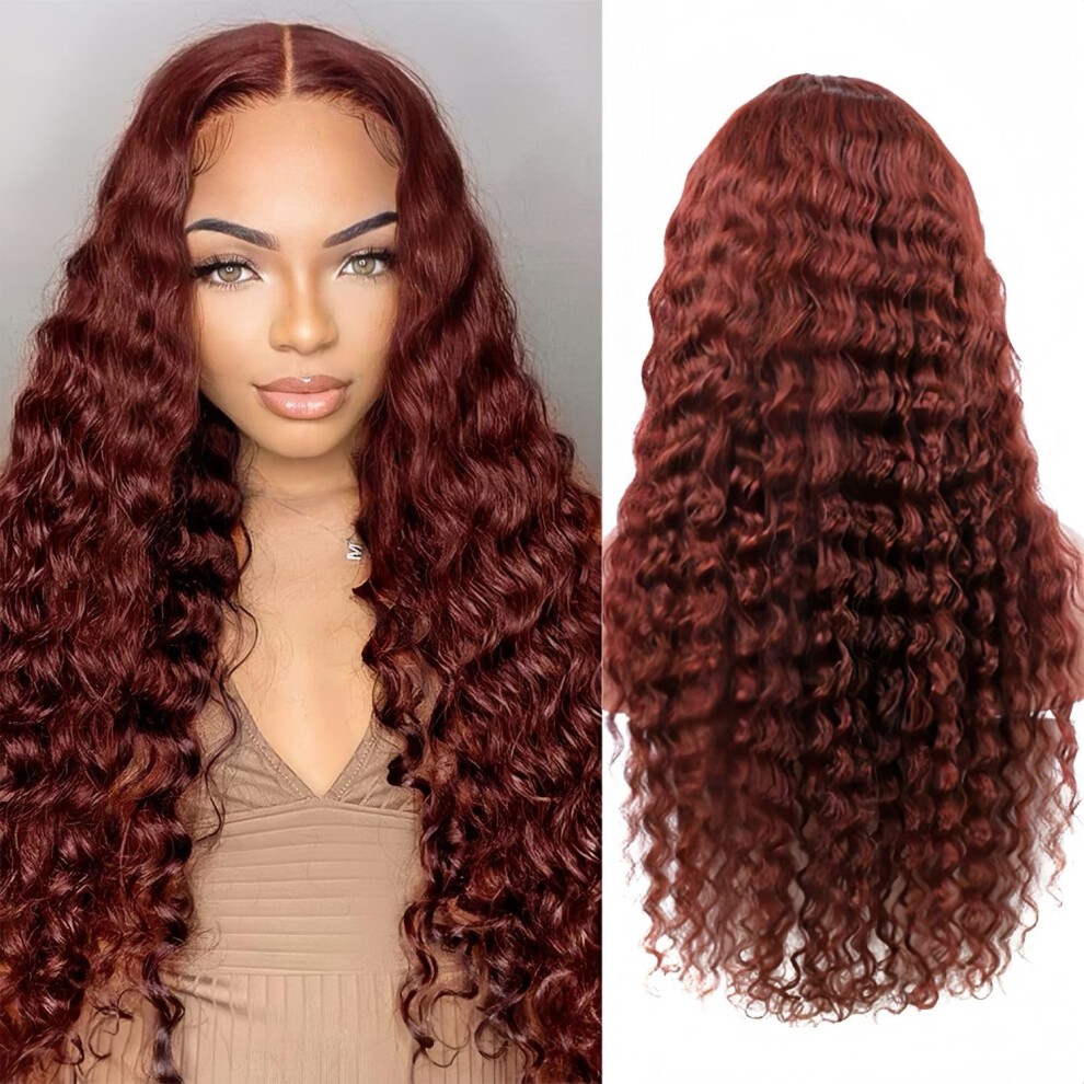 Unisex Red Copper Auburn Deep Wave Human Hair Lace Front Wig Hd Transparent Glueless Preplucked 26 Inch 200% Density